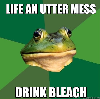life an utter mess drink bleach  Foul Bachelor Frog