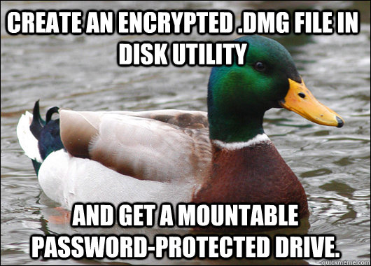 Create an encrypted .dmg file in disk utility and get a mountable password-protected drive.  Actual Advice Mallard