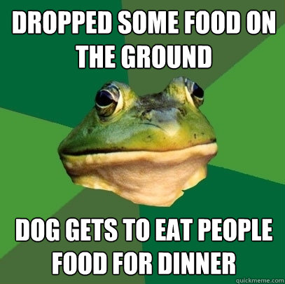Dropped some food on the ground Dog gets to eat people food for dinner  Foul Bachelor Frog