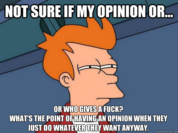 Not sure if my opinion or... or who gives a fuck? 
What's the point of having an opinion when they just do whatever they want anyway.  Futurama Fry