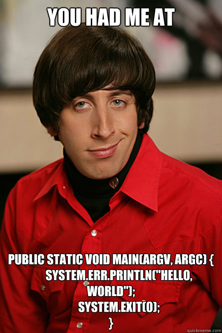you had me at public static void main(argv, argc) {
       System.err.println(