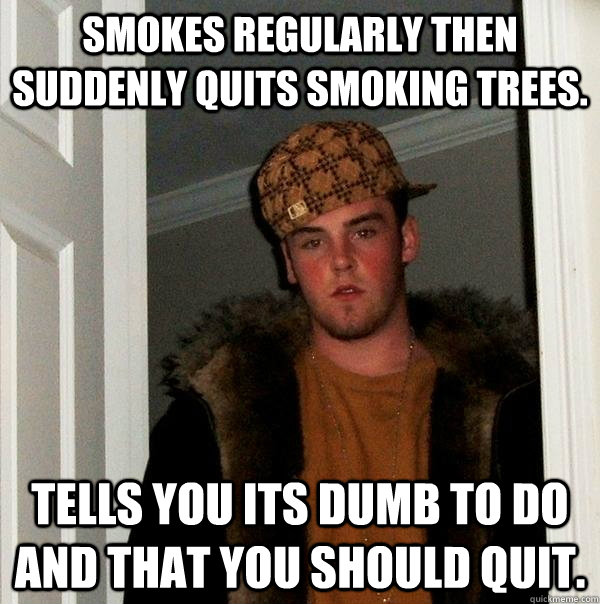 Smokes regularly then suddenly quits smoking trees. Tells you its dumb to do and that you should quit.  Scumbag Steve