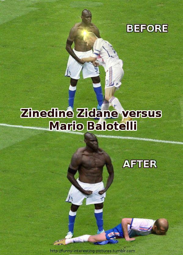 The interesting and funny football and soccer memes. Mario Balotelli celebration ﻿verus Zinedine Zidane's headbutt foul  -   Misc