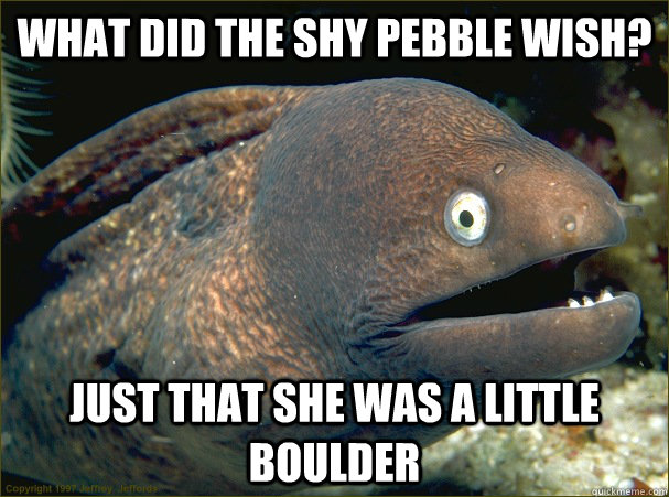 what did the shy pebble wish? just that she was a little boulder - what did the shy pebble wish? just that she was a little boulder  Bad Joke Eel