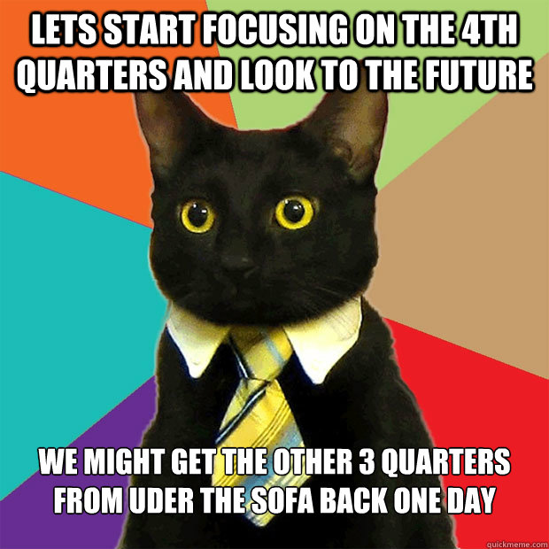 LETS START FOCUSING ON THE 4TH QUARTERS AND LOOK TO THE FUTURE WE MIGHT GET THE OTHER 3 QUARTERS FROM UDER THE SOFA BACK ONE DAY   Business Cat