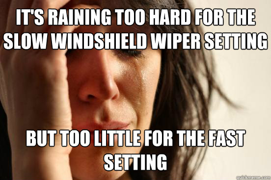 It's raining too hard for the slow windshield wiper setting but too little for the fast setting  First World Problems