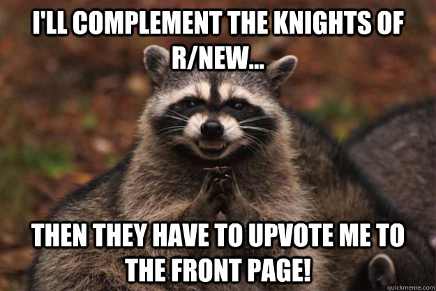 I'll complement the knights of r/new... then they have to upvote me to the front page!  Evil Plotting Raccoon