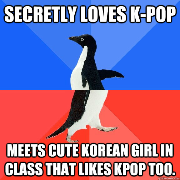 Secretly loves K-pop Meets cute korean girl in class that likes kpop too.  Socially Awkward Awesome Penguin