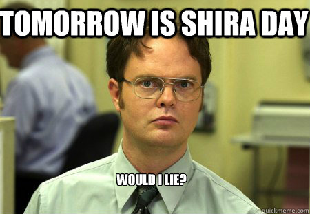 Tomorrow is Shira day  would i lie?  Schrute