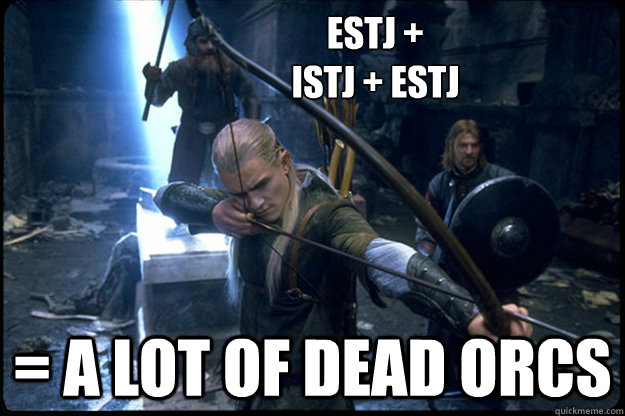 Estj + 
istj + estj = a lot of dead orcs  ISTJ Legolas