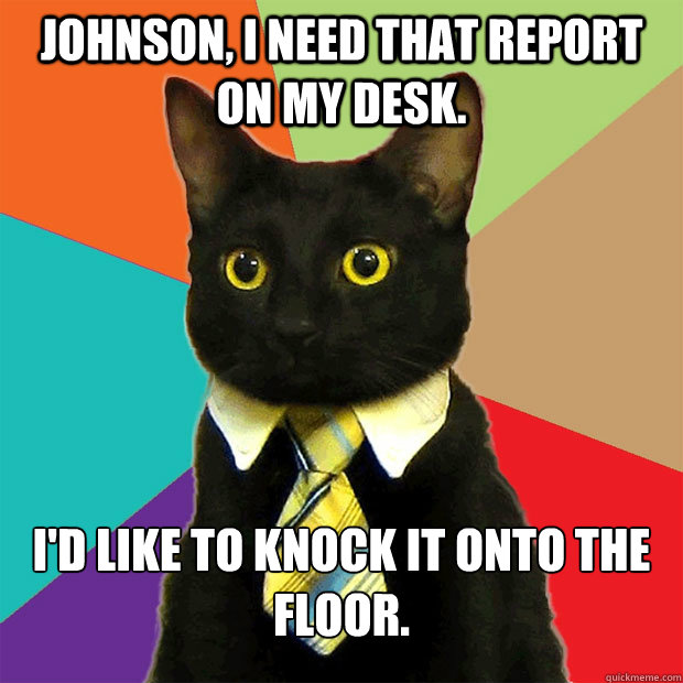 Johnson, I need that report on my desk. I'd like to knock it onto the floor.  Business Cat