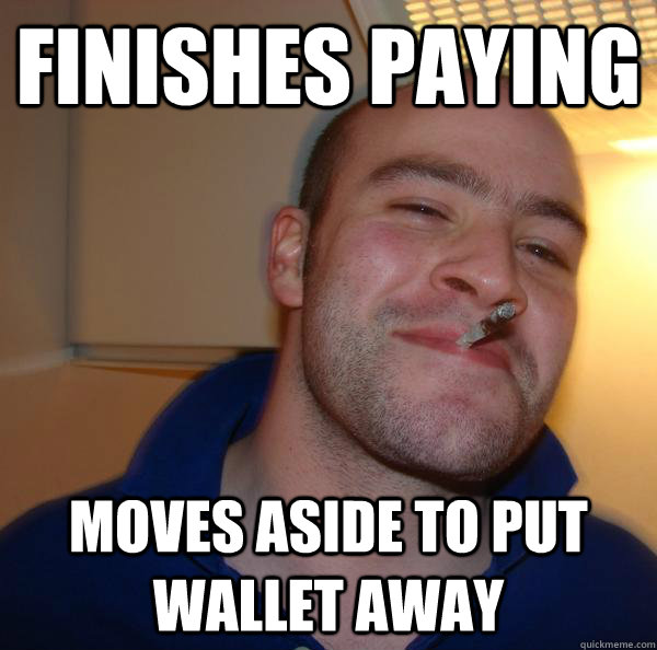 finishes paying moves aside to put wallet away - finishes paying moves aside to put wallet away  Misc