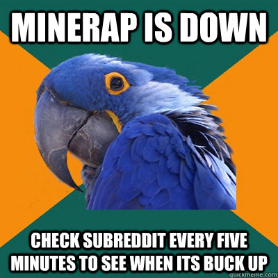 MINERAP IS DOWN CHECK SUBREDDIT EVERY FIVE MINUTES TO SEE WHEN ITS BUCK UP - MINERAP IS DOWN CHECK SUBREDDIT EVERY FIVE MINUTES TO SEE WHEN ITS BUCK UP  Paranoid Parrot