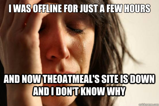 I was offline for just a few hours and now theoatmeal's site is down and I don't know why   First World Problems