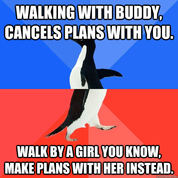 Walking with buddy, cancels plans with you. walk by a girl you know, make plans with her instead.  Socially Awkward Awesome Penguin