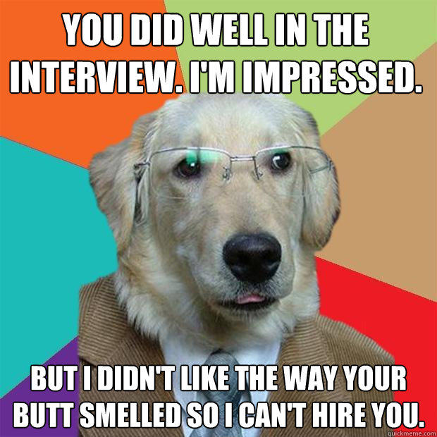 You did well in the interview. I'm impressed. But I didn't like the way your butt smelled so I can't hire you. - You did well in the interview. I'm impressed. But I didn't like the way your butt smelled so I can't hire you.  Business Dog