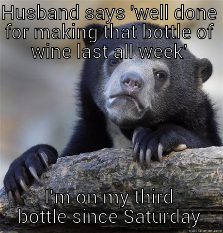 HUSBAND SAYS 'WELL DONE FOR MAKING THAT BOTTLE OF WINE LAST ALL WEEK' I'M ON MY THIRD BOTTLE SINCE SATURDAY Confession Bear