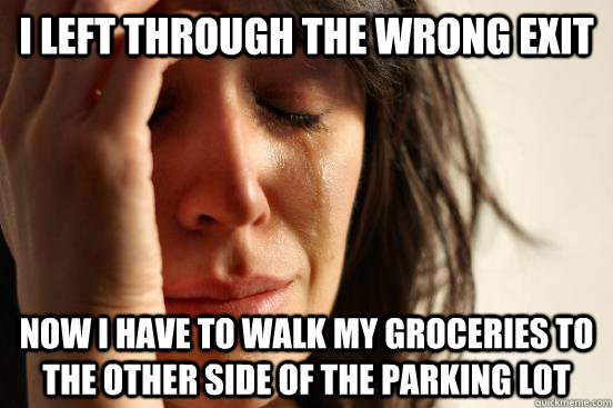 I left through the wrong exit now I have to walk my groceries to the other side of the parking lot  First World Problems
