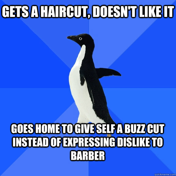 Gets a haircut, doesn't like it goes home to give self a buzz cut instead of expressing dislike to barber    Socially Awkward Penguin