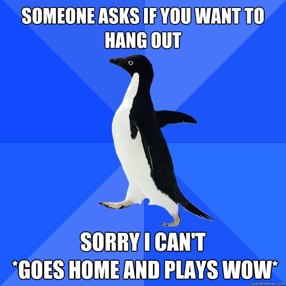 Someone asks if you want to hang out Sorry I can't
 *Goes home and plays WoW*  Socially Awkward Penguin