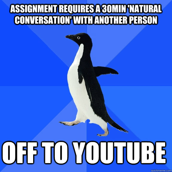 Assignment requires a 30min 'natural conversation' with another person off to youtube    Socially Awkward Penguin