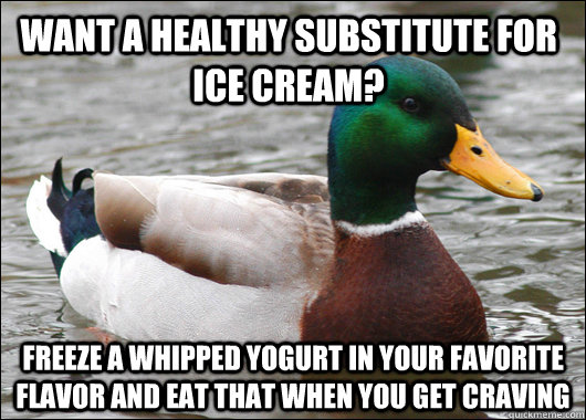 want a healthy substitute for ice cream? Freeze a whipped yogurt in your favorite flavor and eat that when you get craving - want a healthy substitute for ice cream? Freeze a whipped yogurt in your favorite flavor and eat that when you get craving  Actual Advice Mallard