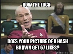how the fuck does your picture of a hash brown get 67 likes?  Annoyed Picard