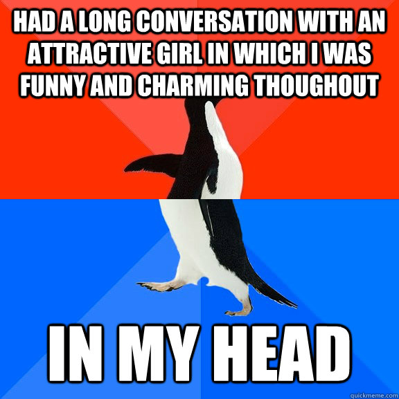 had a long conversation with an attractive girl in which i was funny and charming thoughout in my head  Socially Awesome Awkward Penguin