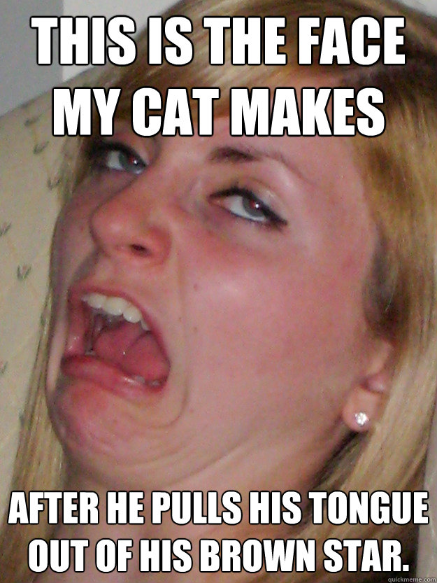This is the face my cat makes after he pulls his tongue out of his brown star.  