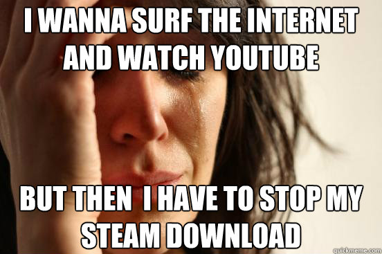 i wanna surf the internet and watch youtube but then  i have to stop my steam download  First World Problems