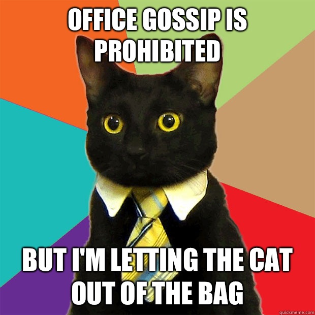 Office gossip is prohibited But i'm letting the cat out of the bag - Office gossip is prohibited But i'm letting the cat out of the bag  Business Cat