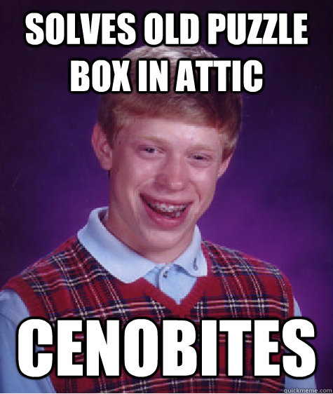 Solves old puzzle box in attic Cenobites  Bad Luck Brian