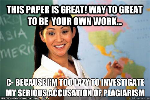 This paper is great! Way to great to be  your own work... c- because I'm too lazy to investigate my serious accusation of plagiarism   Terrible teacher