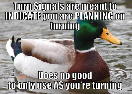 TURN SIGNALS ARE MEANT TO INDICATE YOU ARE PLANNING ON TURNING DOES NO GOOD TO ONLY USE AS YOU'RE TURNING Actual Advice Mallard
