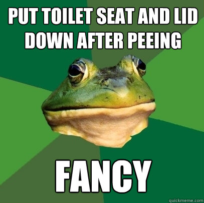 put toilet seat and lid down after peeing fancy  Foul Bachelor Frog