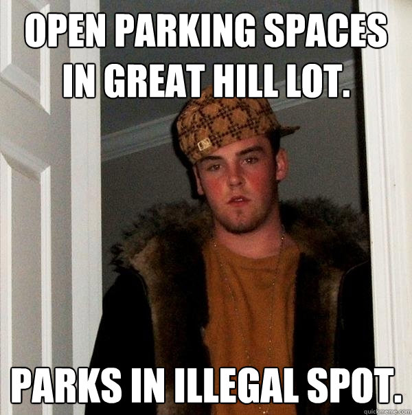 Open parking spaces in Great Hill Lot. Parks in illegal spot.  Scumbag Steve