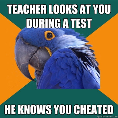 teacher looks at you during a test HE KNOWS YOU CHEATED  Paranoid Parrot