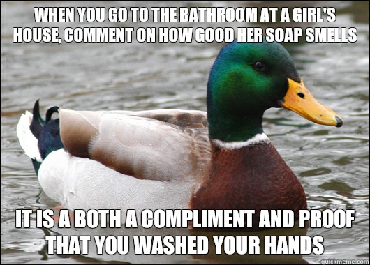 When you go to the bathroom at a girl's house, comment on how good her soap smells It is a both a compliment and proof that you washed your hands  Actual Advice Mallard