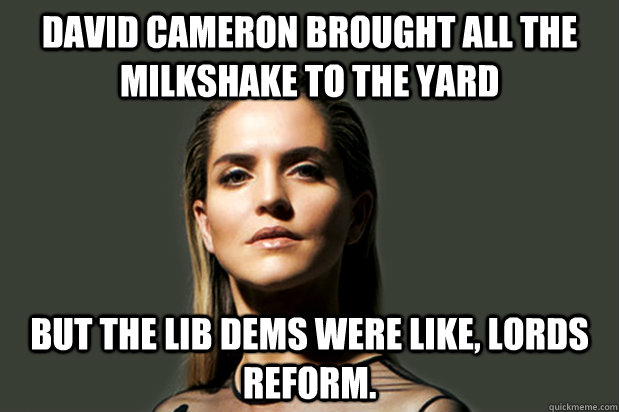 David Cameron brought all the milkshake to the yard But the Lib Dems were like, Lords Reform.  