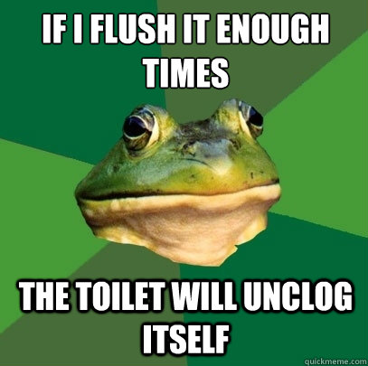 If i flush it enough 
times The toilet will unclog itself  Foul Bachelor Frog