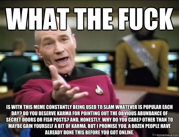 what the fuck is with this meme constantly being used to slam whatever is popular each day? Do you deserve karma for pointing out the obvious abundance of secret doors or fish posts? And, honestly, why do you care? Other than to maybe gain yourself a bit   Annoyed Picard HD