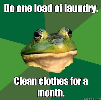 Do one load of laundry. Clean clothes for a month.  Foul Bachelor Frog