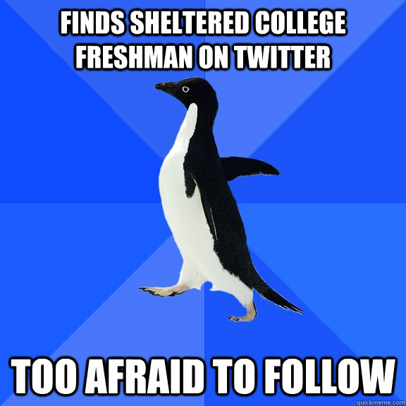Finds sheltered college freshman on twitter Too afraid to follow  Socially Awkward Penguin