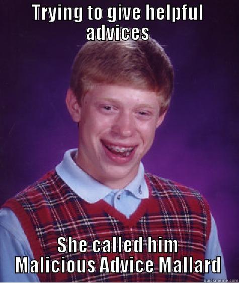TRYING TO GIVE HELPFUL ADVICES SHE CALLED HIM MALICIOUS ADVICE MALLARD Bad Luck Brian