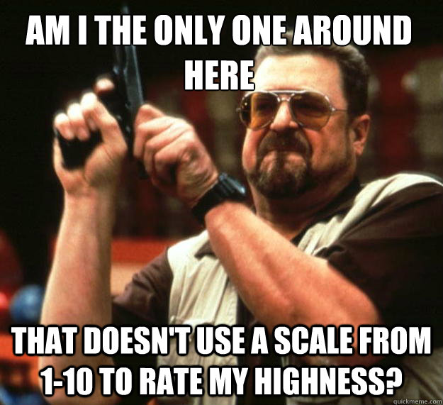 Am I the only one around here THAT DOESN'T USE A SCALE FROM 1-10 TO RATE MY HIGHNESS?  Walter