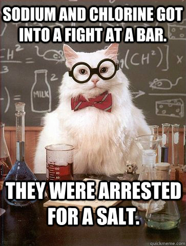 Sodium and Chlorine got into a fight at a bar. They were arrested for a salt.  Science Cat