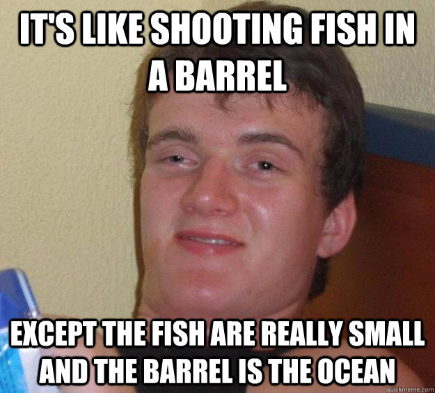 It's like shooting fish in a barrel except the fish are really small and the barrel is the ocean  10 Guy