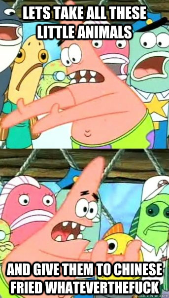 Lets take all these little animals and give them to chinese fried whateverthefuck  Push it somewhere else Patrick