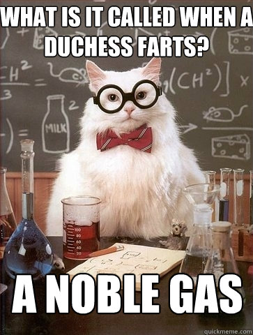 WHAT IS IT CALLED WHEN A DUCHESS FARTS? A NOBLE GAS  Chemistry Cat