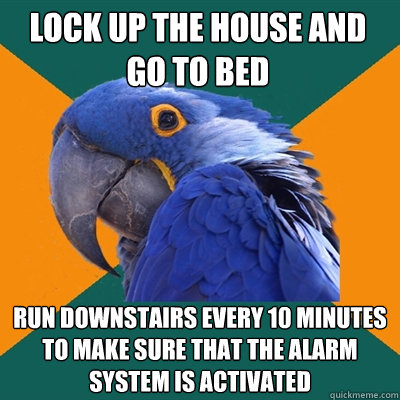 Lock up the house and go to bed Run downstairs every 10 minutes to make sure that the alarm system is activated  Paranoid Parrot